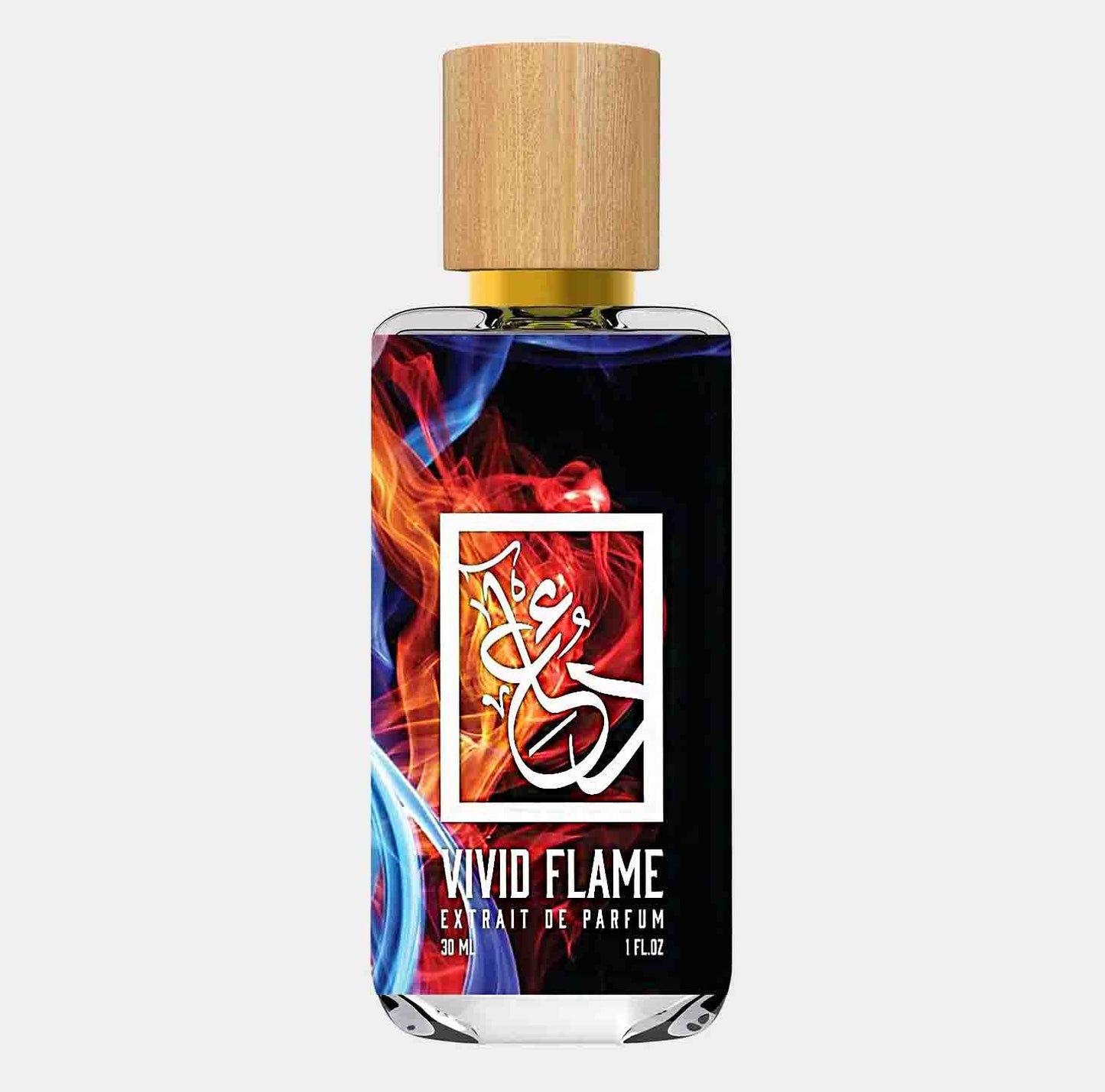 A sleek glass bottle of Dua Vivid Flame Sample perfume, featuring a wooden cap and a vibrant design with flames in various colors, showcasing its essence as an extrait de parfum.