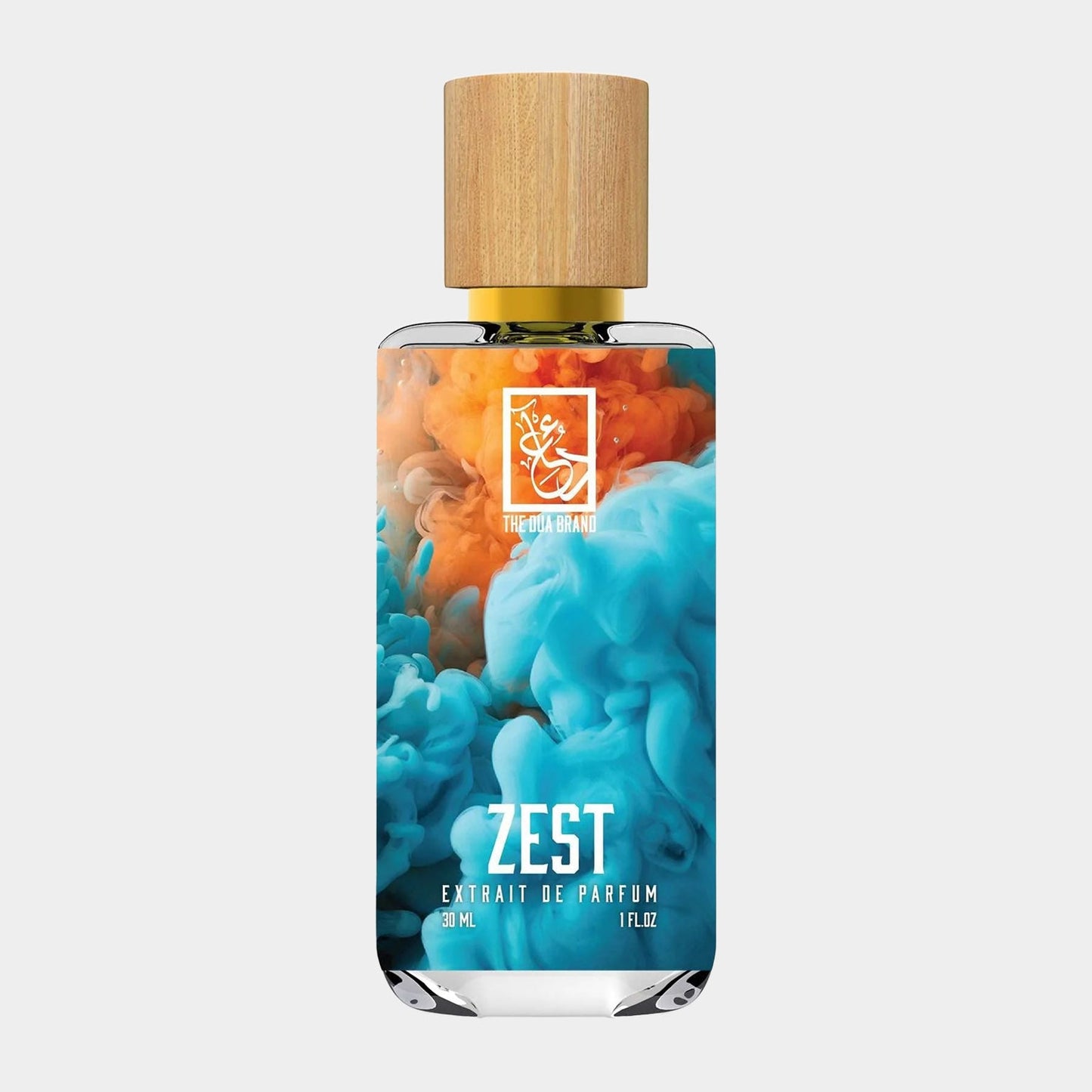 A vibrant bottle of Dua Zest perfume featuring a modern design with a wooden cap, showcasing colorful swirls of blue and orange. It contains 30 ml of extrait de parfum.