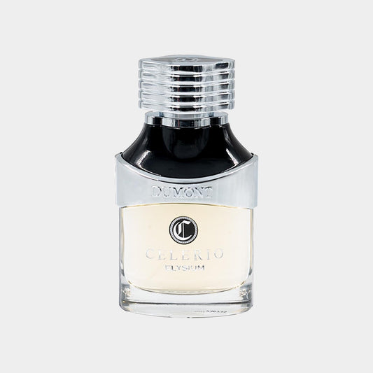 A full bottle of Dumont Celerio Elysium fragrance, featuring a sleek glass design with a silver and black cap, showcasing an elegant and modern aesthetic.