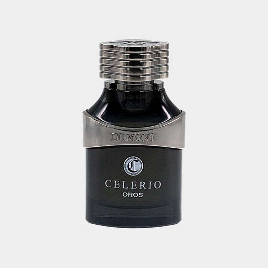 A full bottle of Dumont Celerio Oros, featuring a sleek black design with a metallic silver band around the neck and a distinctive cap. The brand name DUMONT is prominently displayed on the bottle.