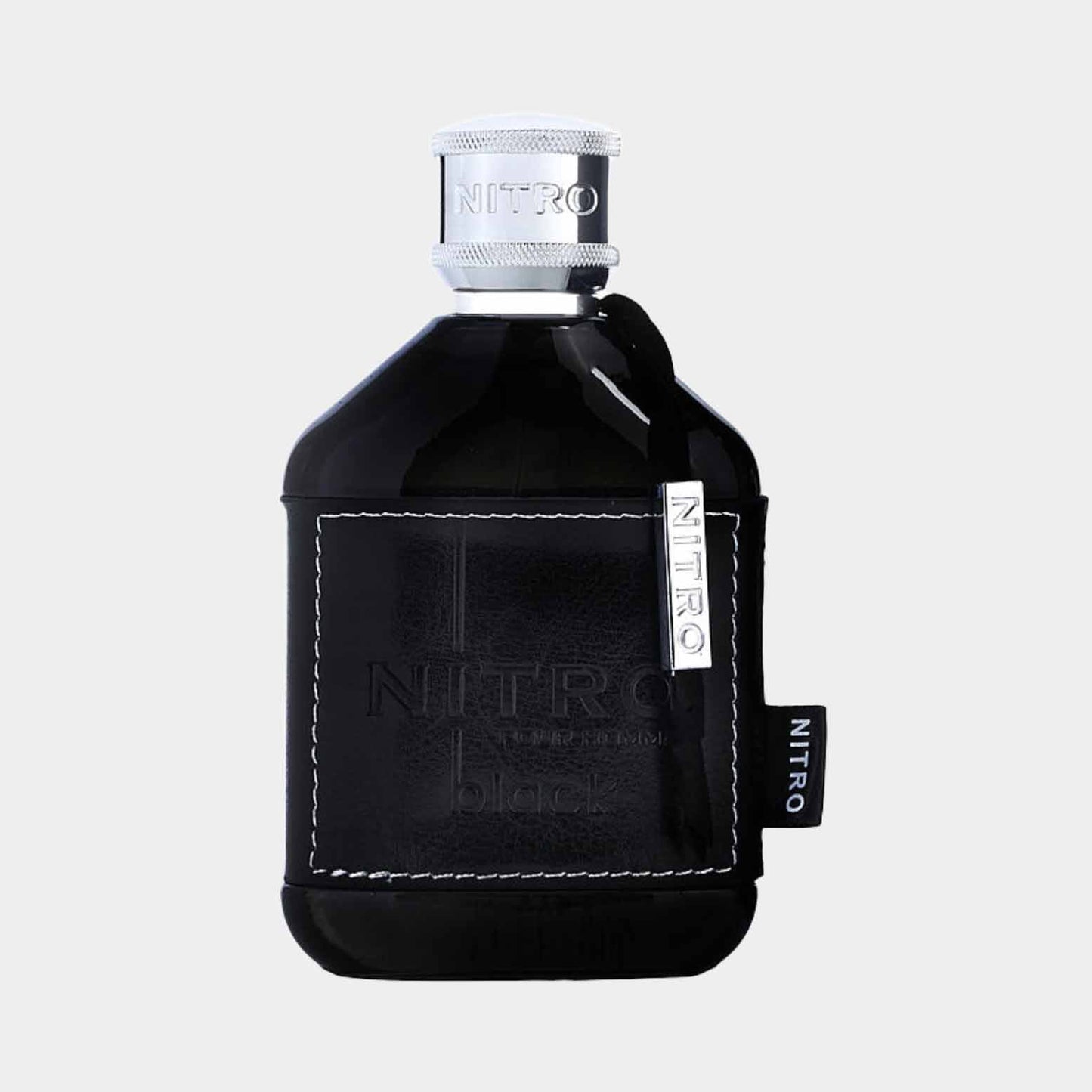 A sleek black full bottle of Dumont Nitro Black, featuring a textured leather-like sleeve and a silver cap with the brand name prominently displayed. The modern design exudes elegance and sophistication.