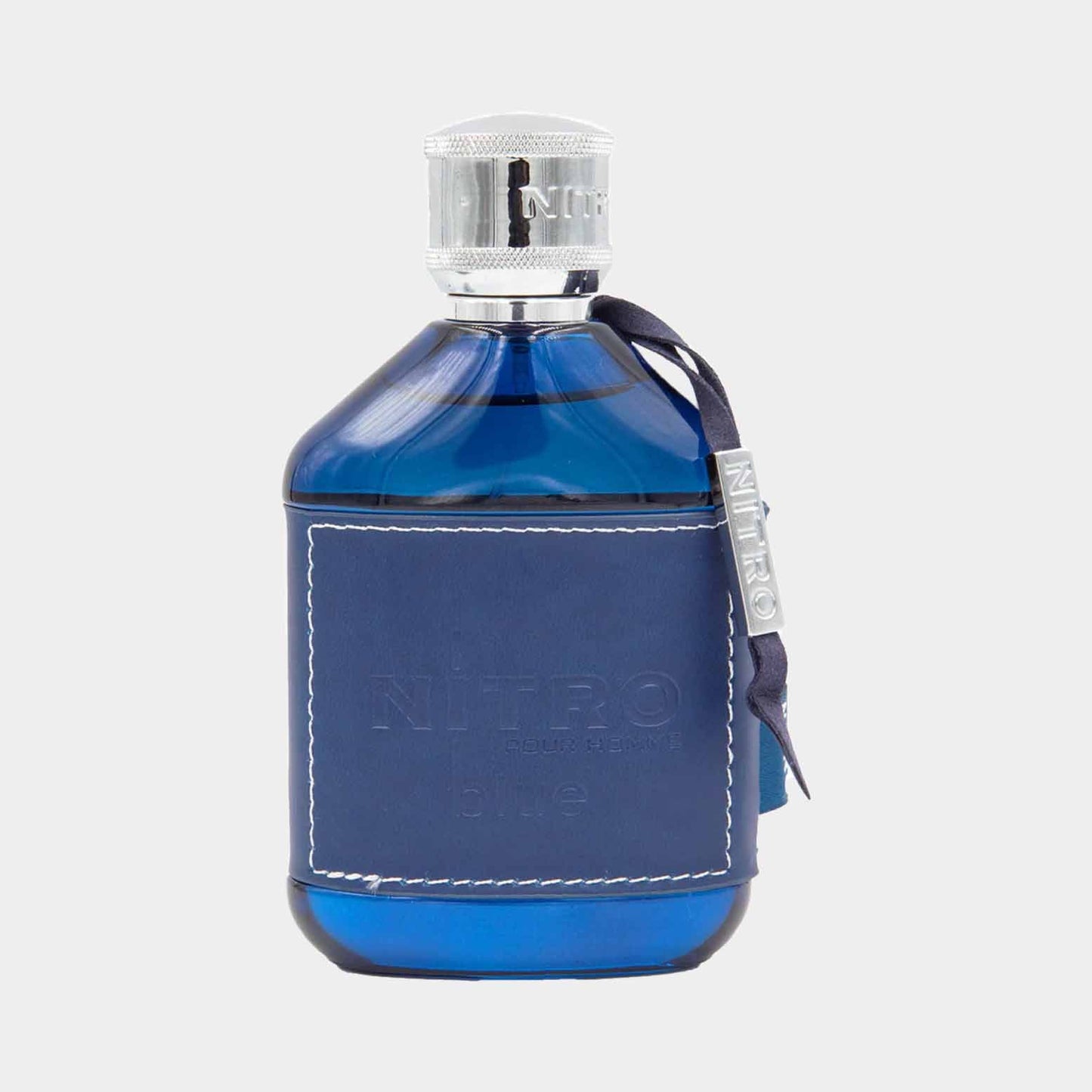 A blue bottle of Dumont Nitro Blue Sample, featuring a sleek design with a silver cap and a textured leather label. The bottle is elegantly shaped and highlighted by a navy blue color.