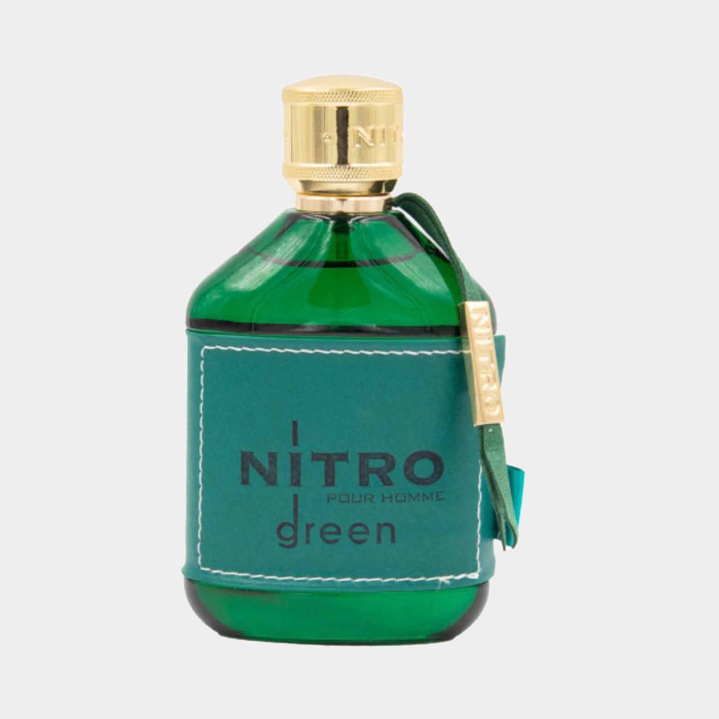 A full bottle of Dumont Nitro Green, featuring a distinctive green glass design with a gold cap and a leather-like green label that reads Nitro pour Homme.