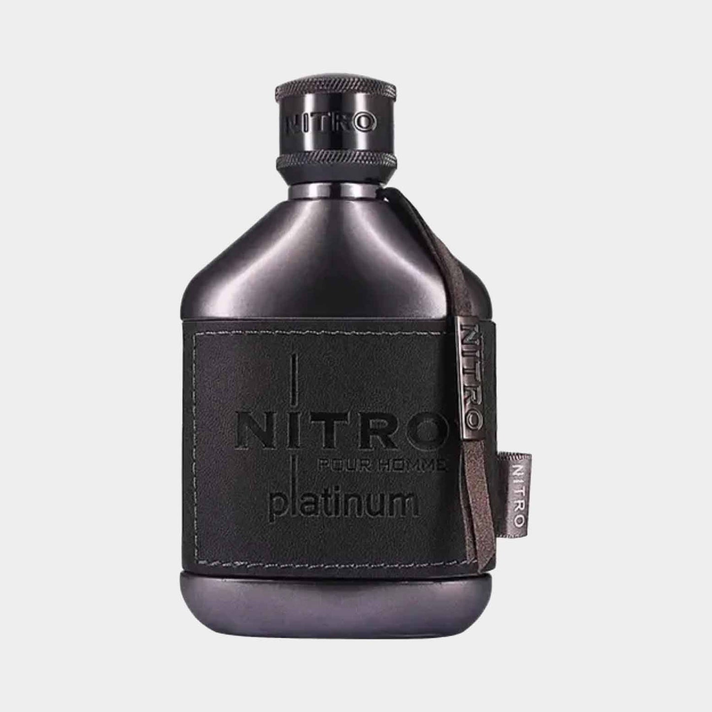 A sleek black bottle of Dumont Nitro Platinum Sample, featuring a textured finish and a distinctive logo on the front. The bottle is elegantly designed, showcasing a modern and luxurious aesthetic.