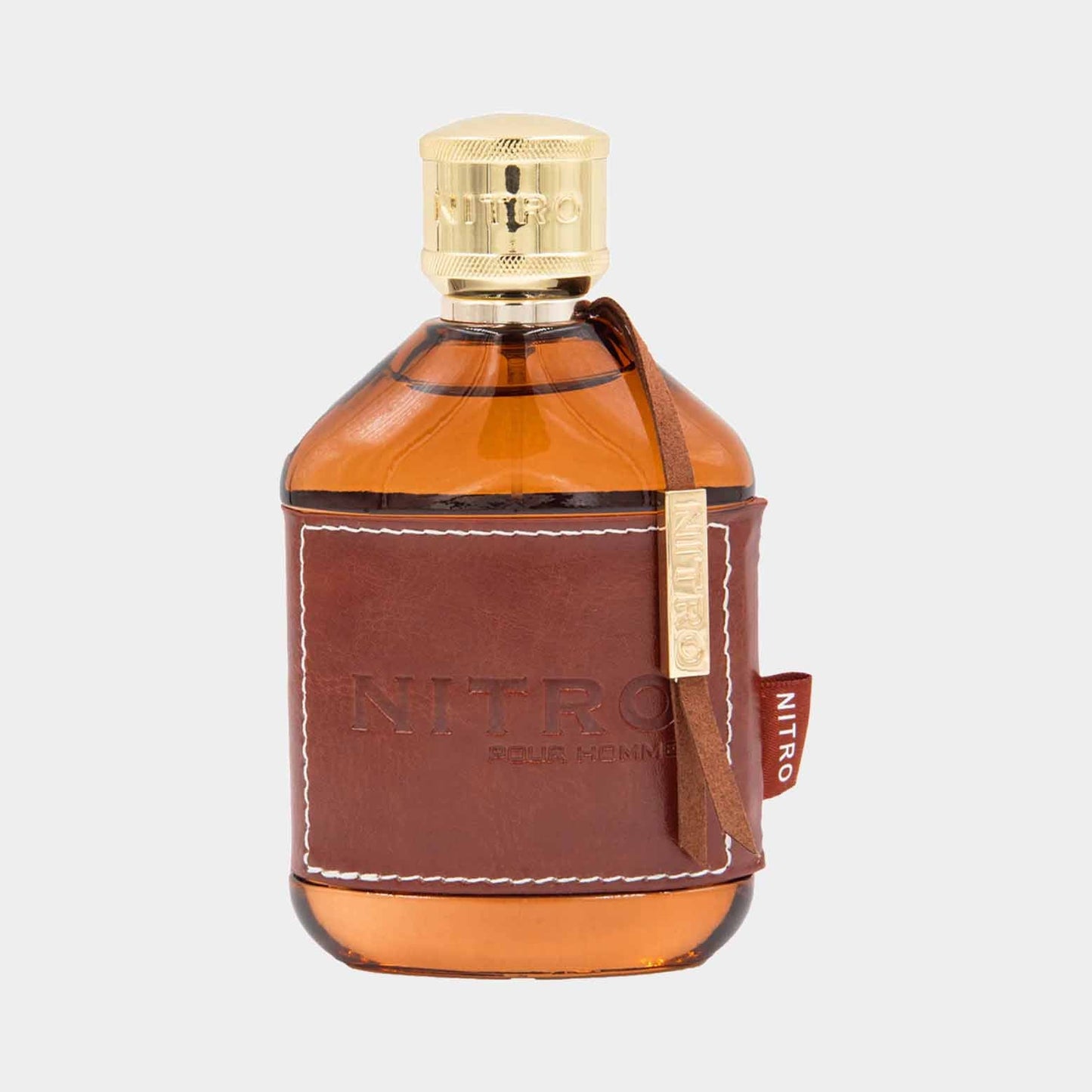 A full bottle of Dumont Nitro Pour Homme, featuring a rounded glass design with a brown leather sleeve and a gold cap, exuding a sophisticated and masculine aesthetic.