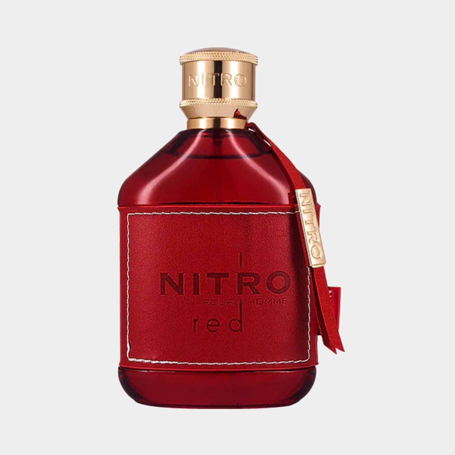 A bottle of Dumont Nitro Red Sample, featuring a striking red exterior with gold accents and a textured leather-like finish, showcasing a sophisticated and bold design.