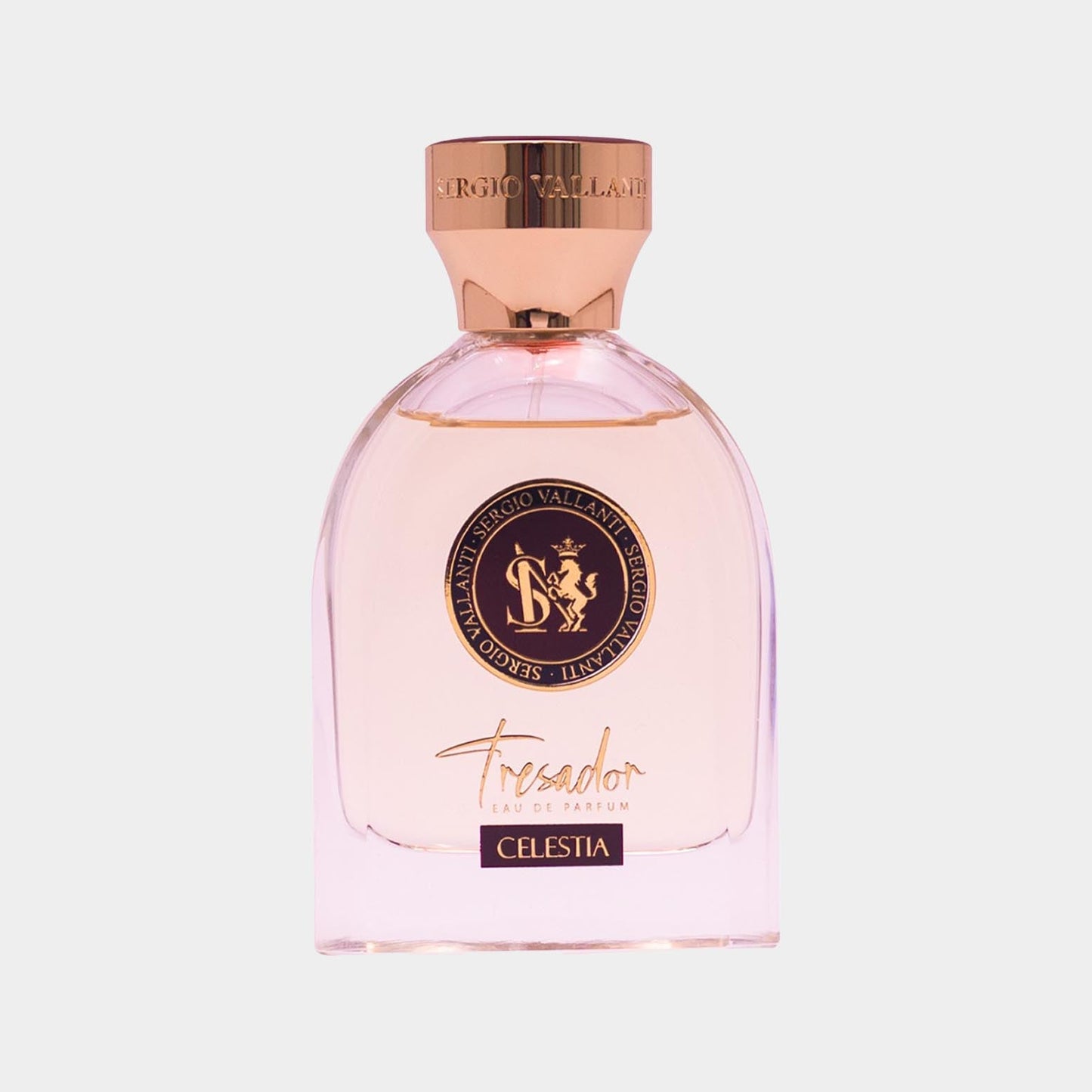 A full bottle of Tresador Celestia Eau de Parfum, featuring a sleek, curved glass design with a rose gold cap and a prominent logo on the front. The fragrance has a light pink liquid.