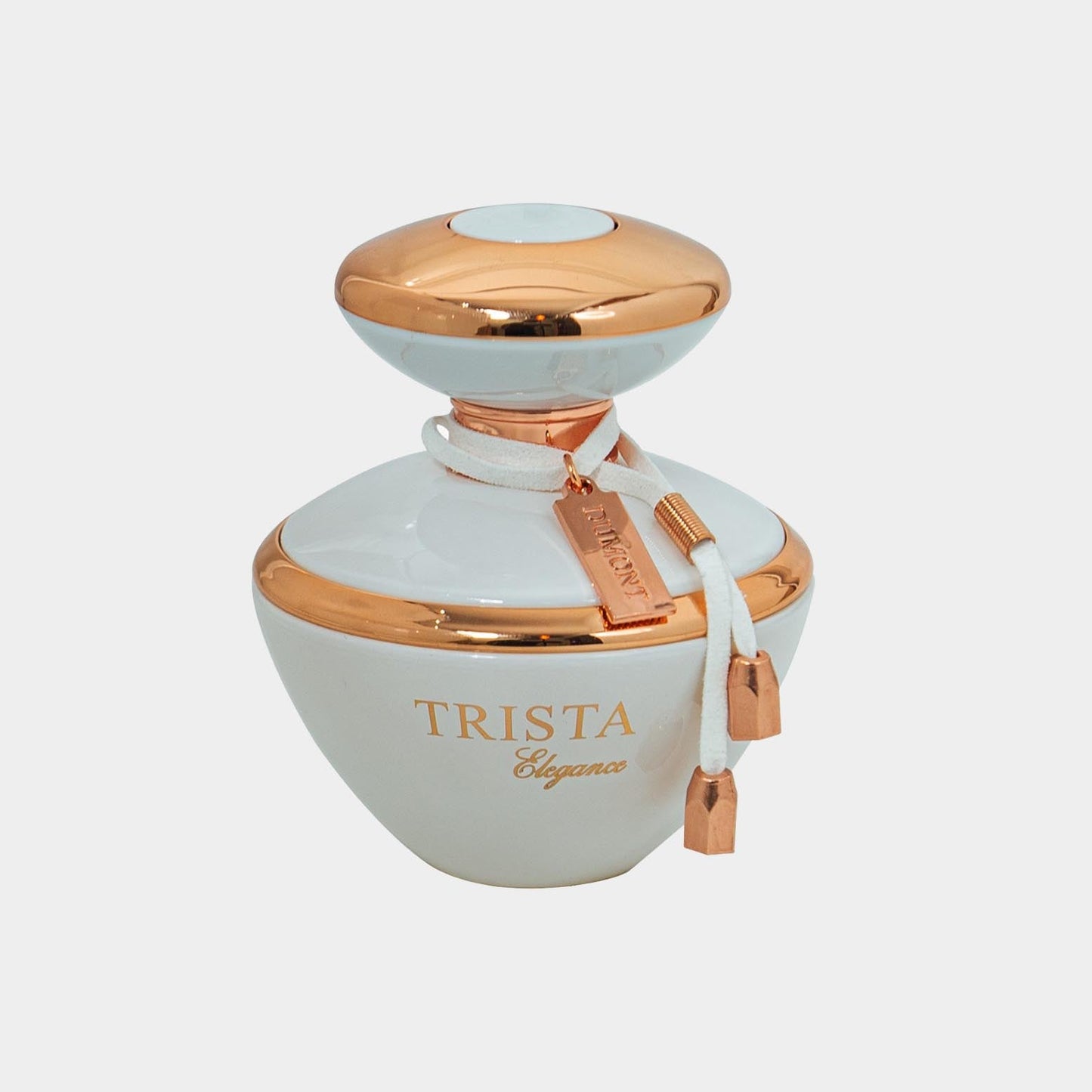 A stylish sample bottle of Trista Elegance fragrance, featuring a sleek white design with a rose gold cap and accents, elegantly adorned with a decorative strap.