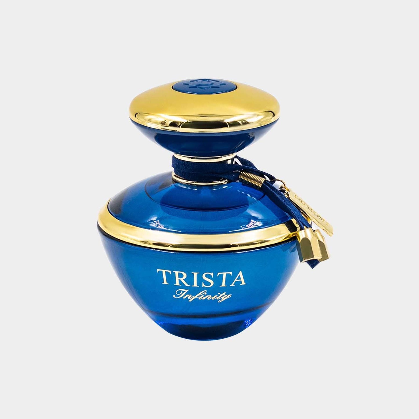 A striking blue glass bottle of 'Trista Infinity Sample', featuring a gold-trimmed design and a stylish cap, evoking elegance and luxury.