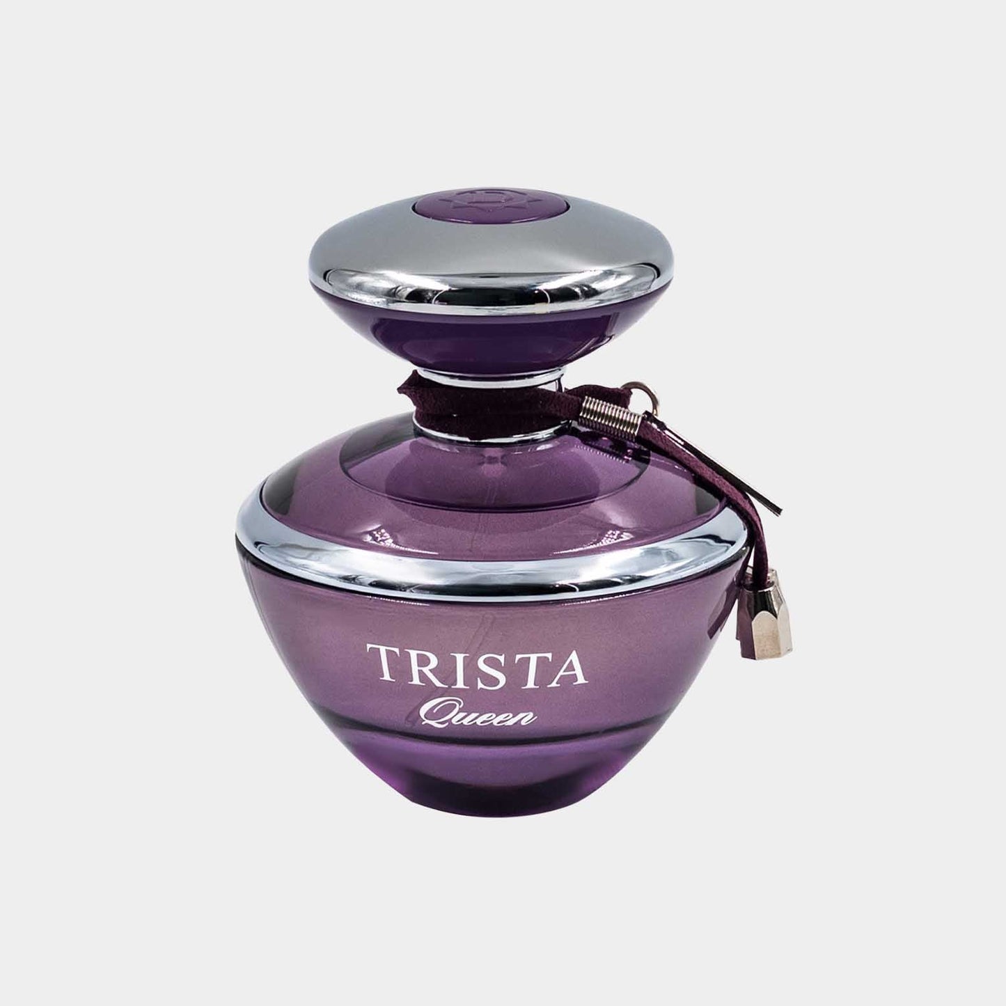 A sleek, purple glass bottle of Trista Queen perfume, featuring a metallic silver cap and elegant design. The bottle is adorned with a decorative cord and charm, highlighting its luxurious appeal.