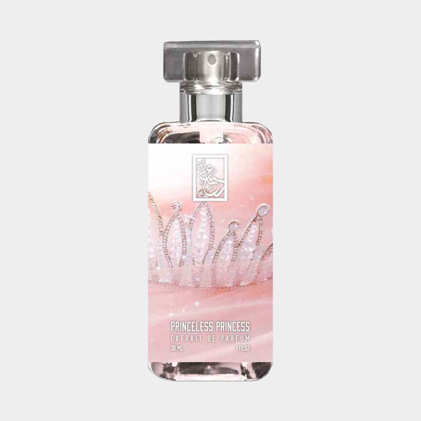 A clear perfume bottle labeled Dua Princeless Princess Sample with a pink background and a sparkling crown design. The bottle contains 23 mL of fragrance, showcasing an elegant and feminine aesthetic.