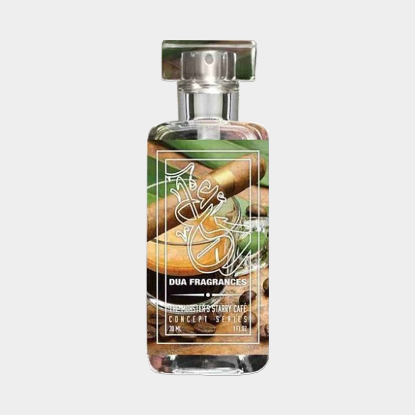 Dua Mobsters Starry Cafe Sample is a 20 ml fragrance bottle featuring a sleek design with a blend of green and brown elements, evoking a warm, inviting café atmosphere.
