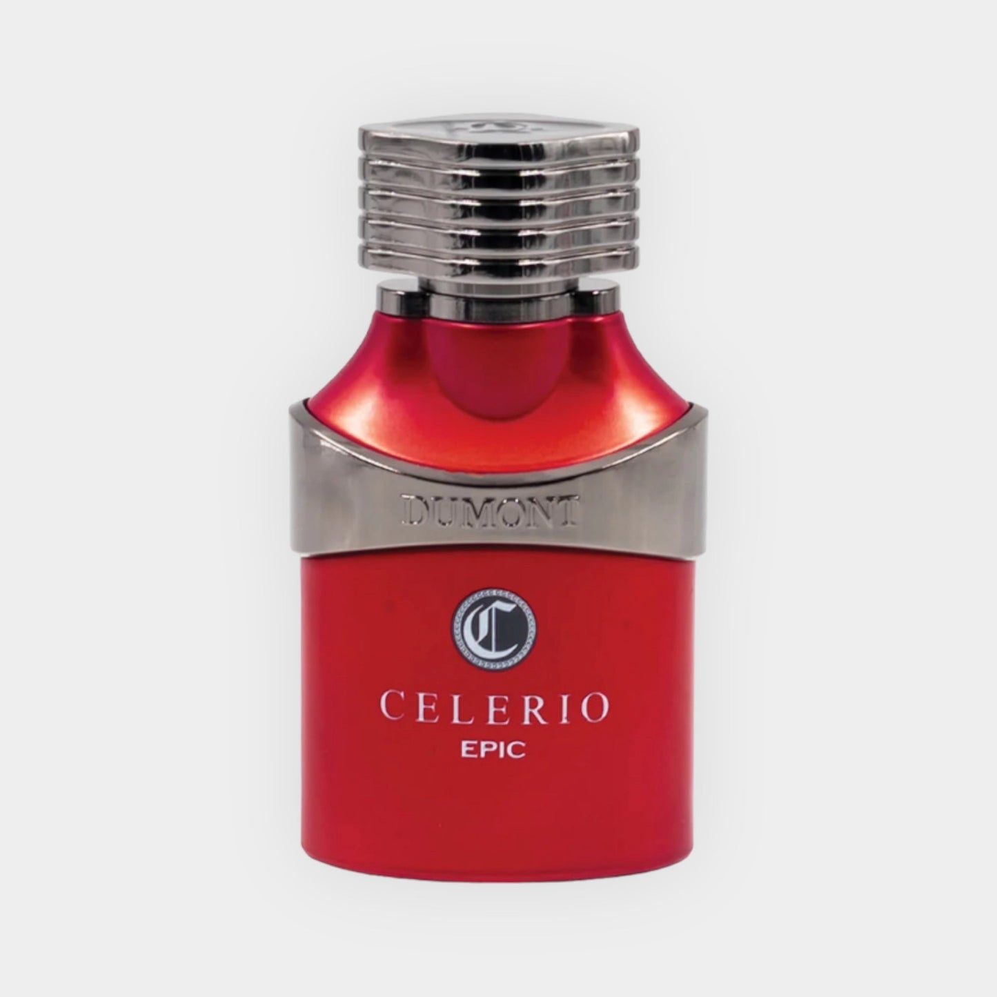 A sleek red bottle of Dumont Celerio Epic fragrance, featuring a metallic silver cap and the brand logo prominently displayed. The modern design exudes elegance and sophistication.