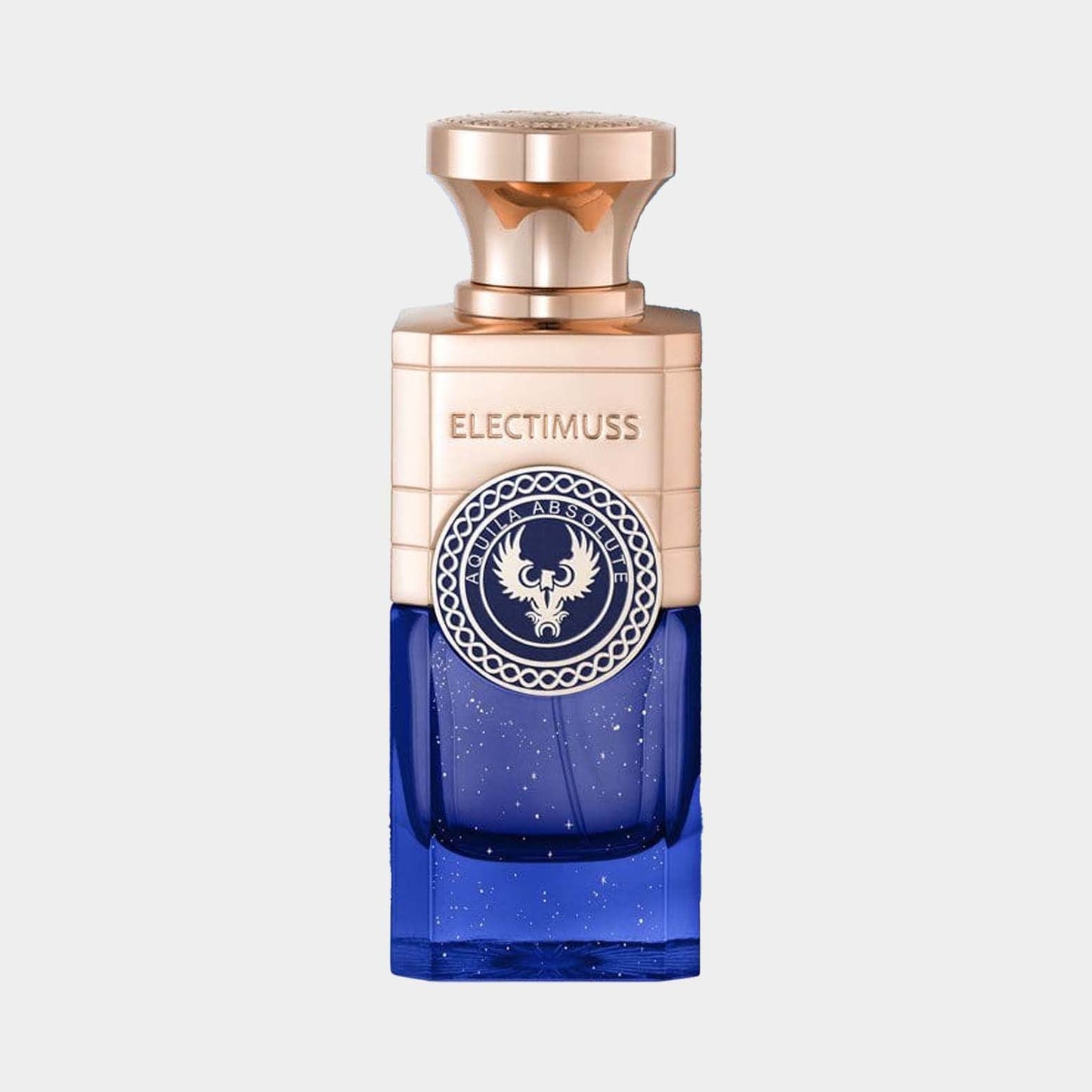 A luxurious blue perfume bottle of Electimuss Aquila Absolute Sample, featuring a gold cap and an emblematic design on the front. The elegant packaging exudes sophistication and allure.
