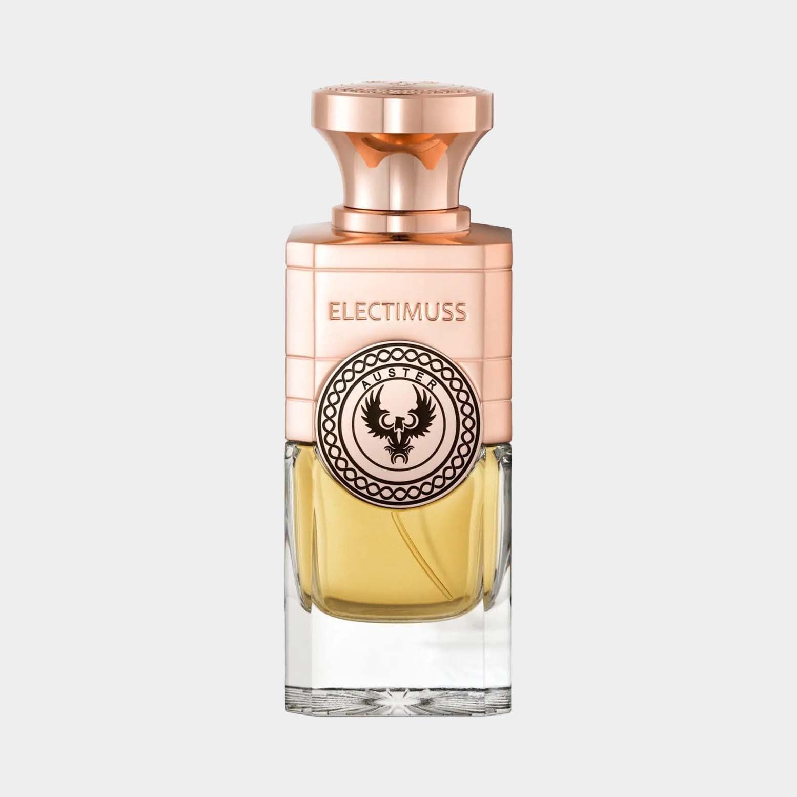A full bottle of Electimuss Auster perfume, featuring an elegant design with a rose gold cap and a decorative emblem on the front, showcasing its luxurious fragrance.