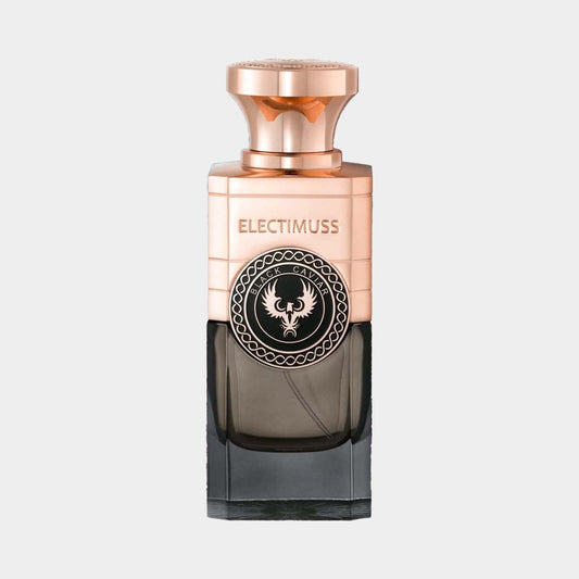 Electimuss Black Caviar Sample is a luxurious fragrance housed in an elegant bottle featuring a rose gold cap and intricate detailing. The dark glass design highlights its sophisticated and opulent appeal.