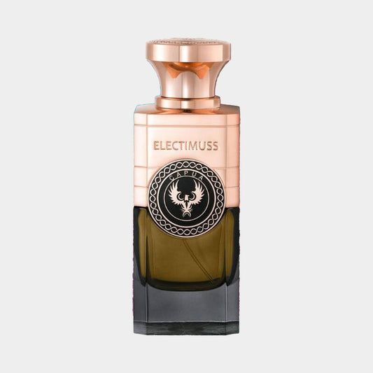 Electimuss Capua Sample fragrance bottle featuring a sleek design with a gold and dark green color scheme, adorned with an intricate emblem.