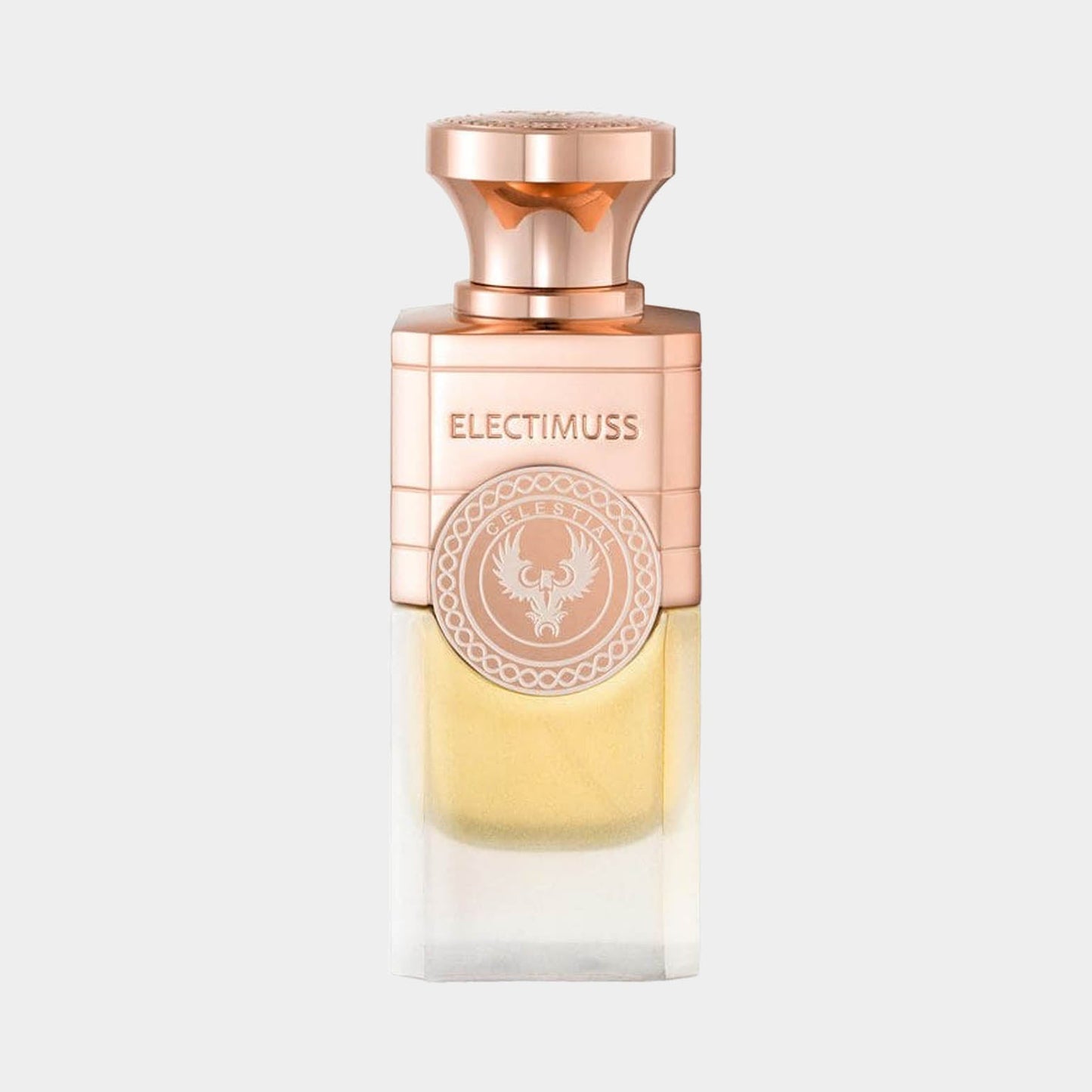 A bottle of Electimuss Celestial Sample perfume, showcasing an elegant design with a rose gold cap and a clear glass base revealing a pale yellow fragrance.