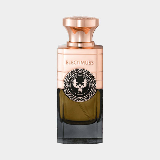 Electimuss Mercurial Cashmere Sample, featuring an elegant glass bottle with a gold and black design, exuding luxury and sophistication.