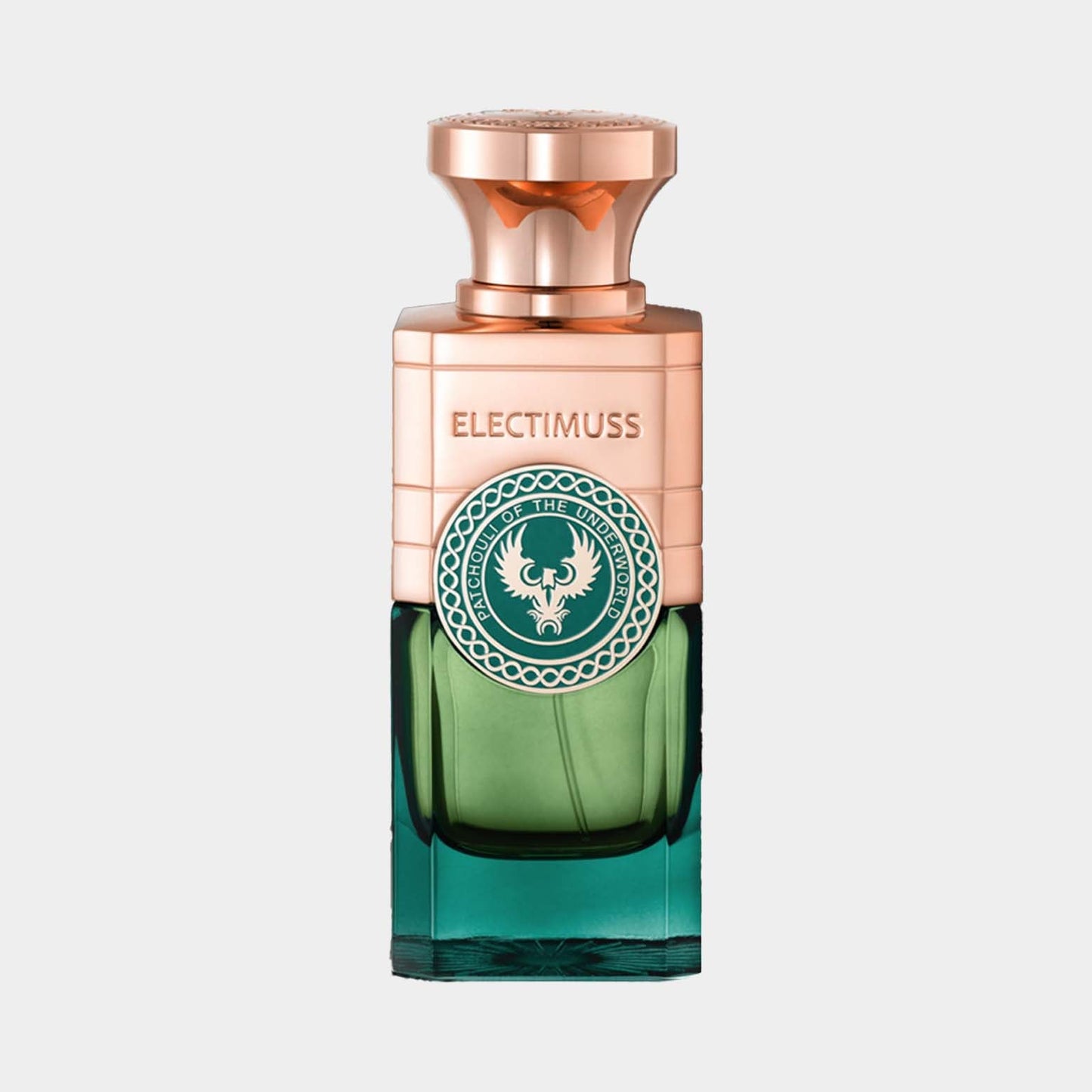 A full bottle of Electimuss Patchouli of The Underworld perfume, featuring an elegant design with a green and gold color scheme, showcasing its luxurious branding.