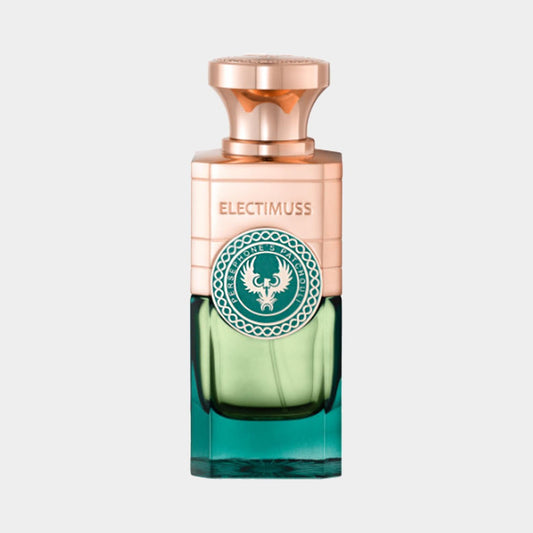 A full bottle of Electimuss Persephone's Patchouli perfume, showcasing an elegant design with a green and gold color scheme and a decorative emblem on the front.