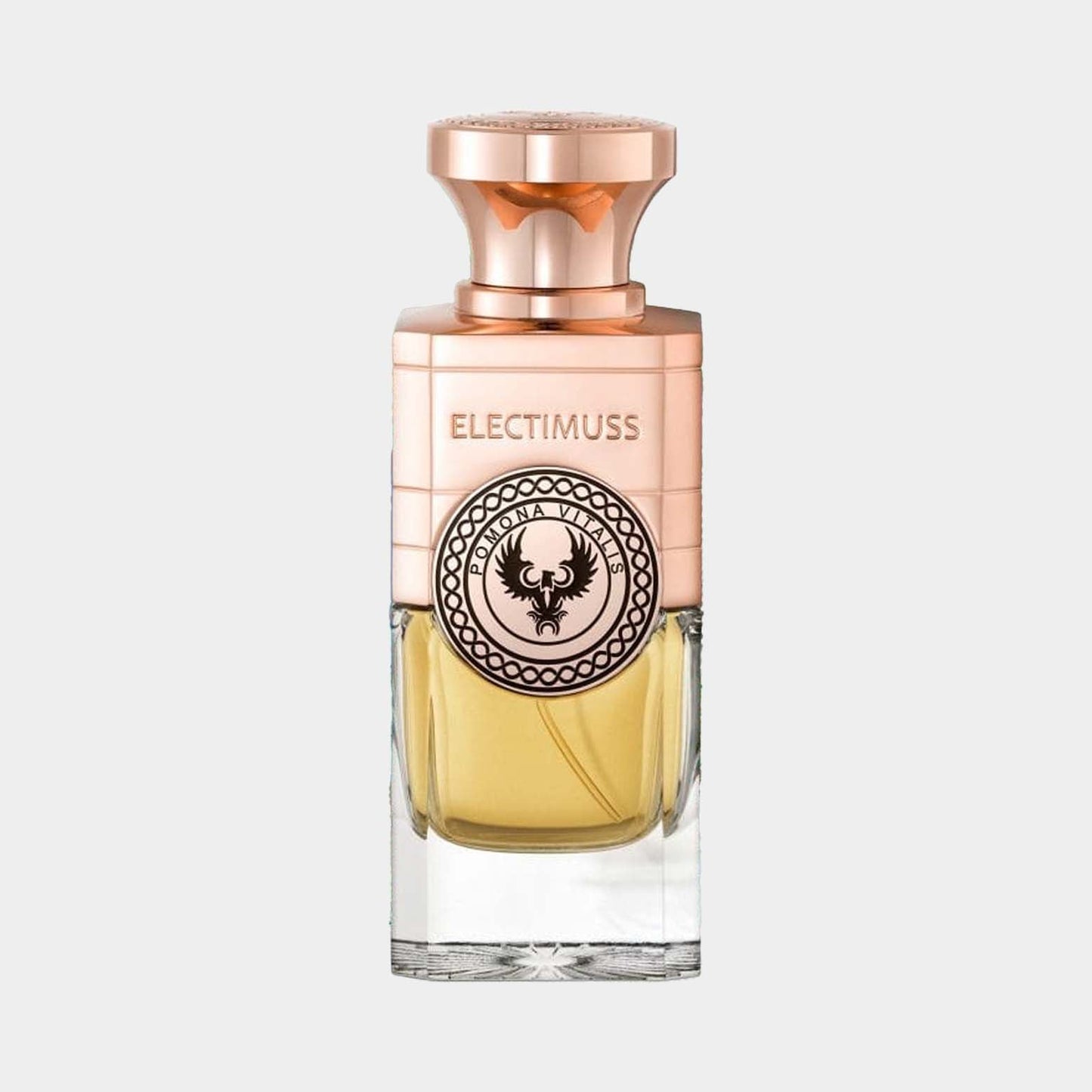 Electimuss Pomona Vitalis full bottle, featuring an elegant design with a rose gold cap and a round logo emblem, encasing a warm yellow fragrance.