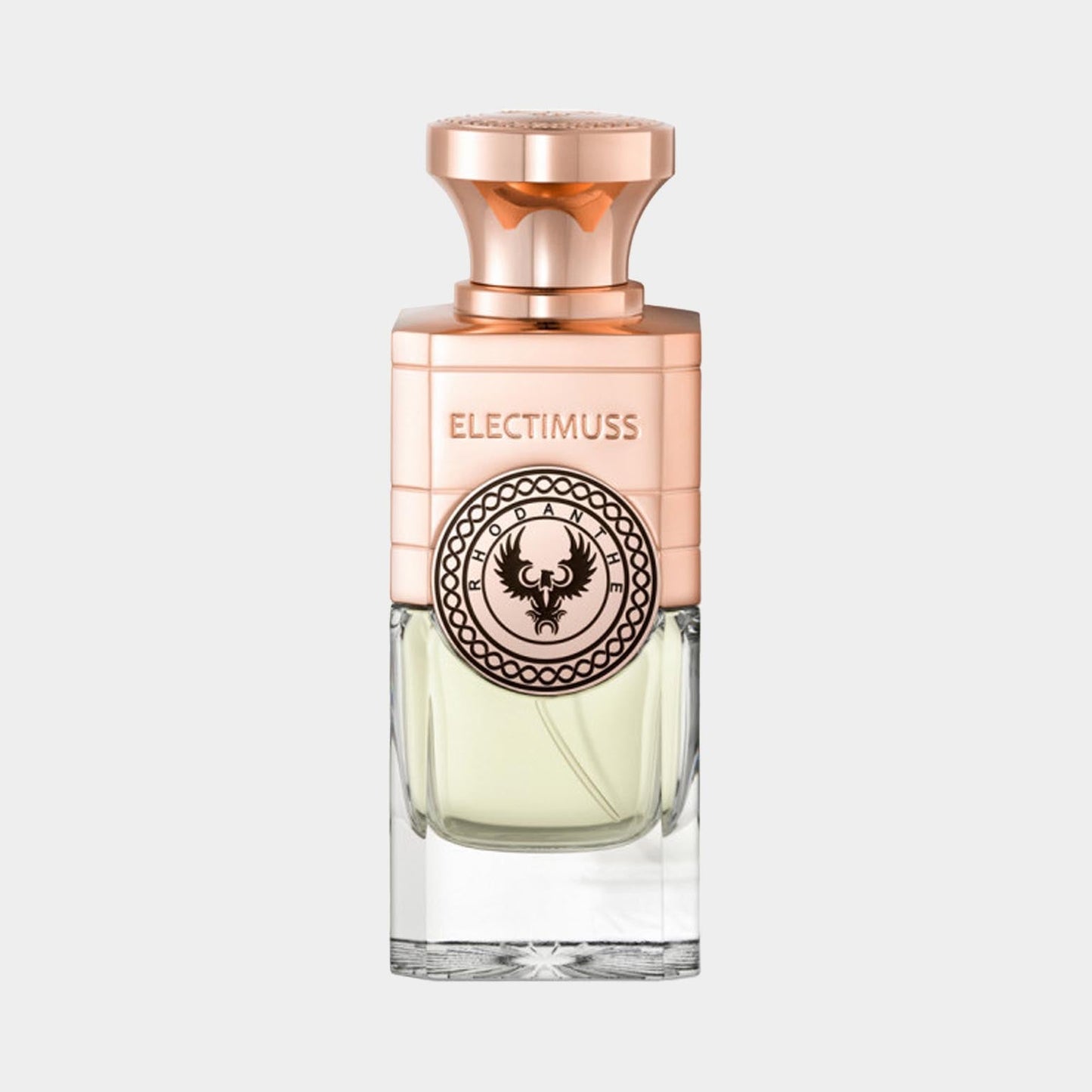A full bottle of Electimuss Rhodanthe perfume, featuring an elegant design with a rose gold cap and a decorative emblem on the front, showcasing its luxurious appeal.