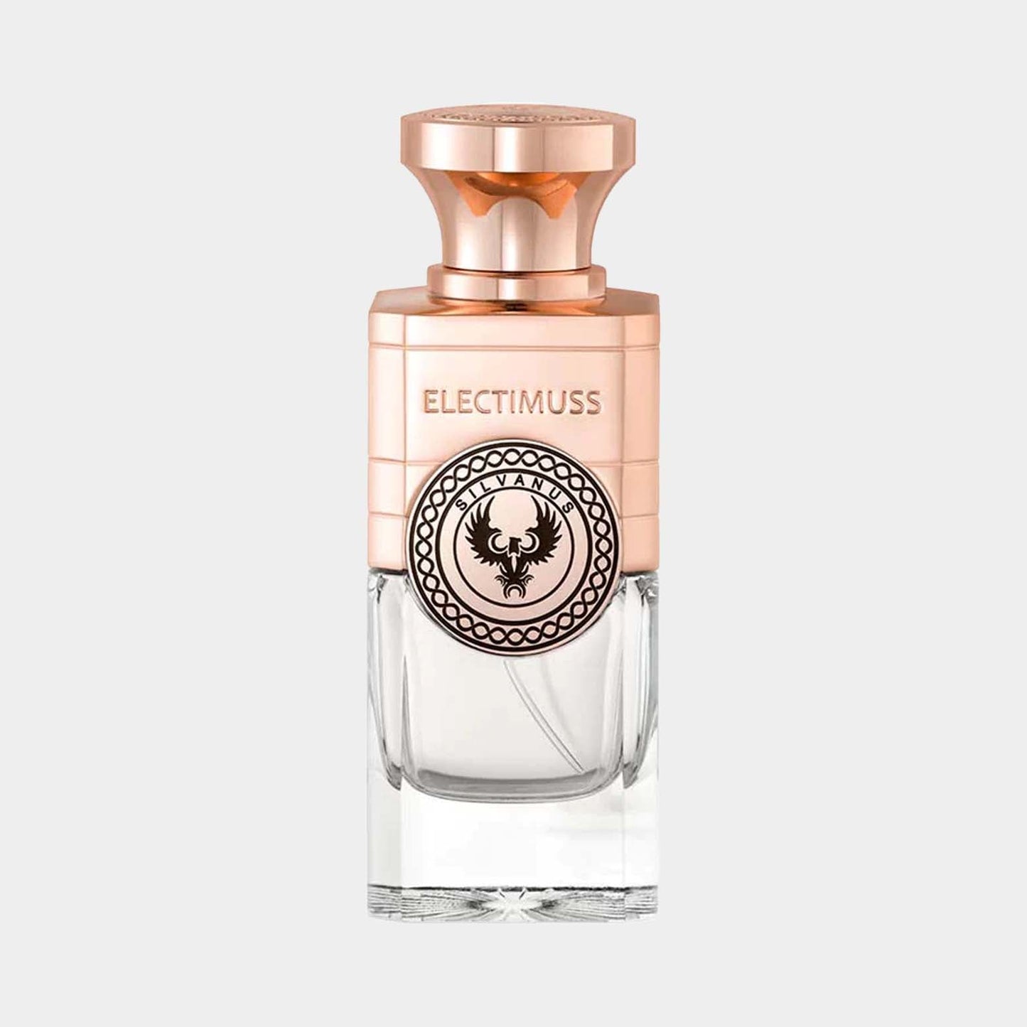 A full bottle of Electimuss Silvanus perfume, featuring an elegant design with a rose gold cap and intricate detailing on the glass body. The label prominently displays the brand name Electimuss.