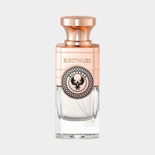A full bottle of Electimuss Silvanus perfume, featuring an elegant design with a rose gold cap and intricate detailing on the glass body. The label prominently displays the brand name Electimuss.