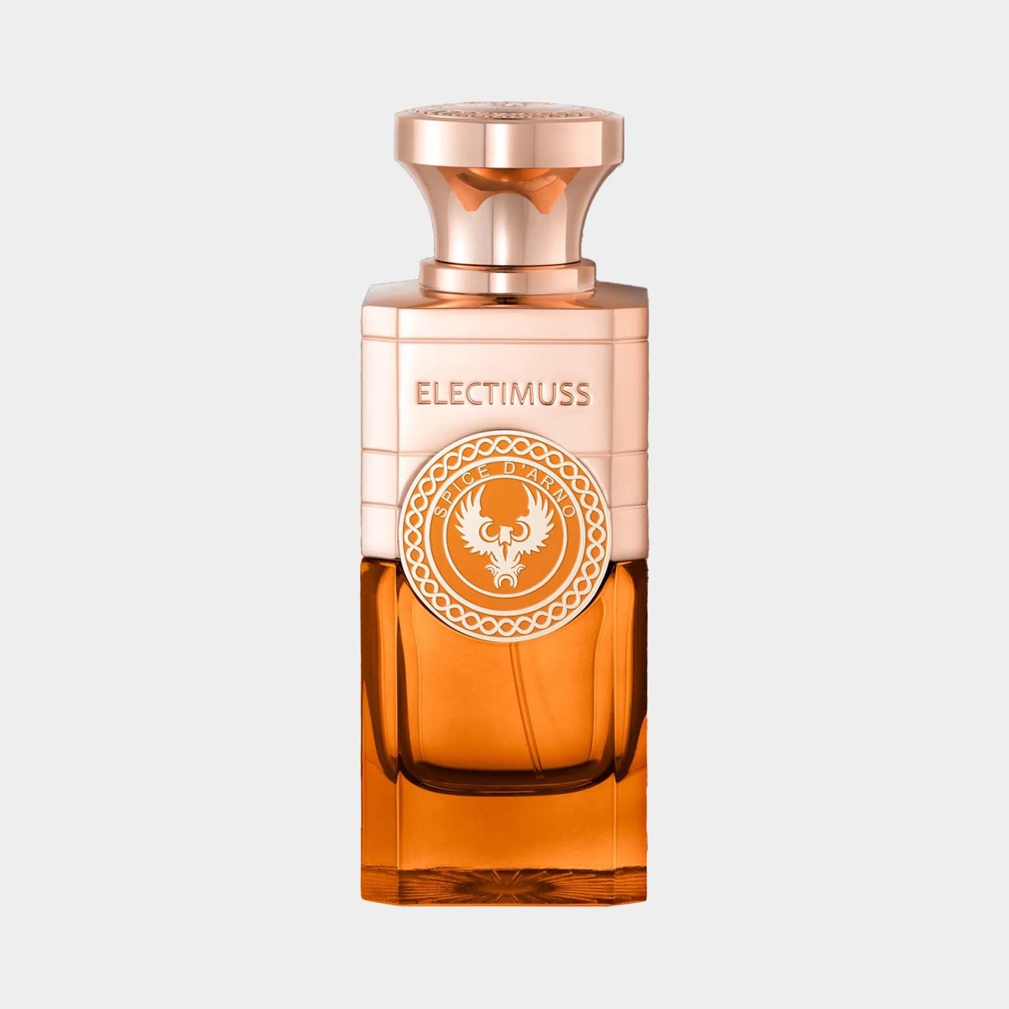 A sleek bottle of Electimuss Spice D'Arno Sample, featuring a stylish gold and glass design, showcasing the rich amber fragrance inside.