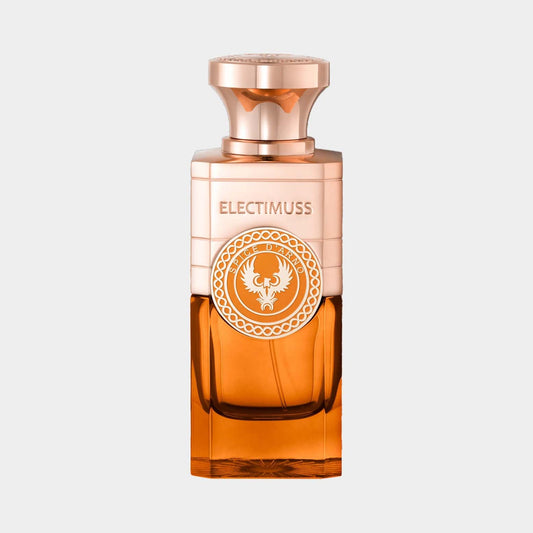 A sleek bottle of Electimuss Spice D'Arno Sample, featuring a stylish gold and glass design, showcasing the rich amber fragrance inside.