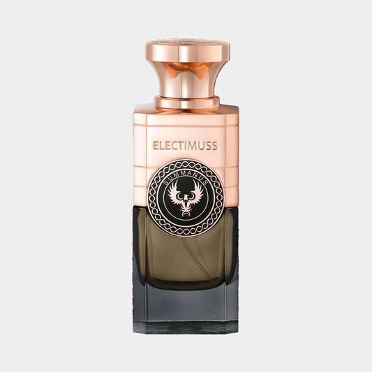 A sleek glass bottle of Electimuss Summanus Sample, featuring a gold and black design with a prominent logo on the front. The bottle's intricate detailing highlights its luxurious appeal.