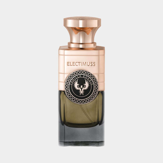 A stylish bottle of Electimuss Vanilla Edesia Sample, featuring a sleek design with a gold cap and intricate brand emblem, set against a neutral background.