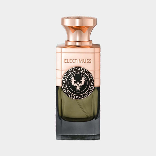Full bottle of Electimuss Vixere perfume featuring an elegant design with a gold and black color scheme. The bottle is adorned with a unique emblem, showcasing its luxurious appeal.