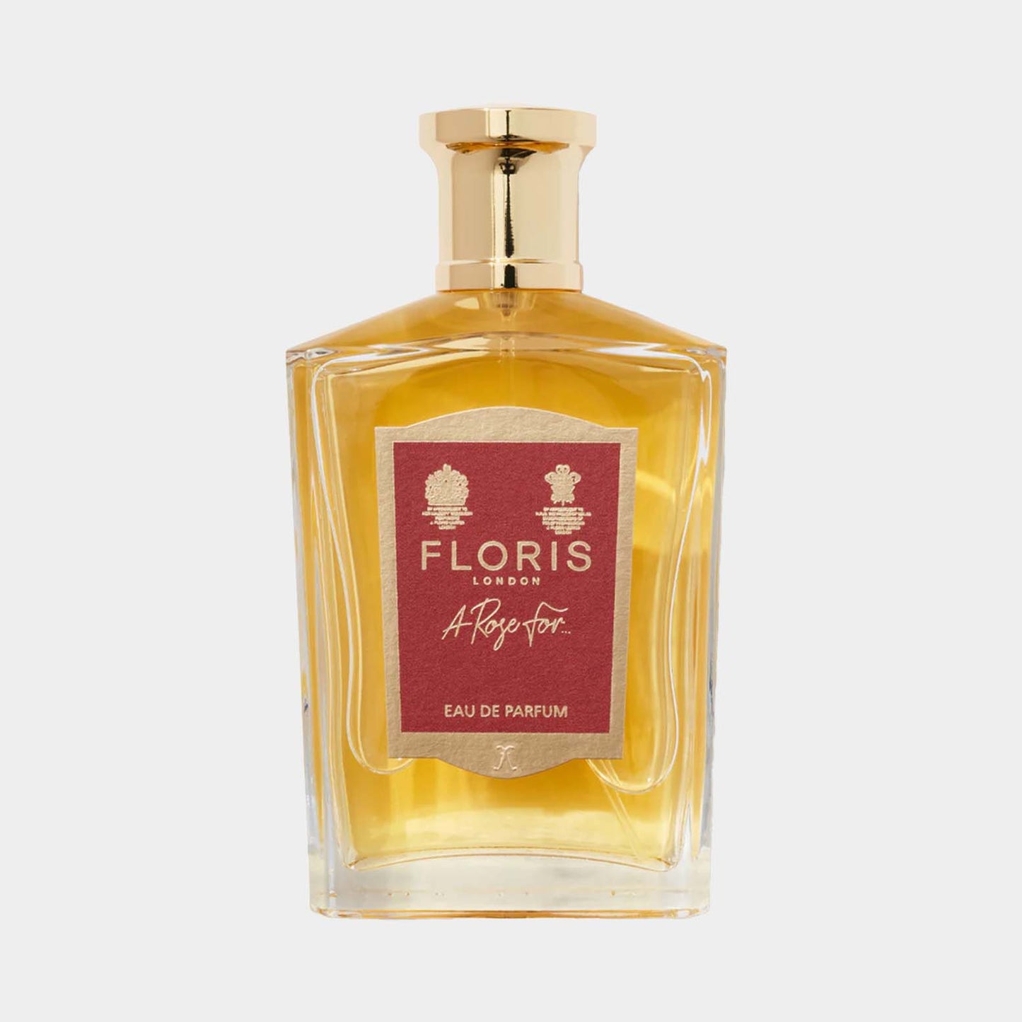 Floris London A Rose for... Sample perfume, presented in a clear glass bottle with a gold cap and a red label highlighting the fragrance name, featuring a classic and elegant design.