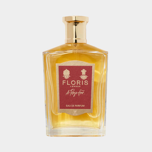 Floris London A Rose for... Sample perfume, presented in a clear glass bottle with a gold cap and a red label highlighting the fragrance name, featuring a classic and elegant design.