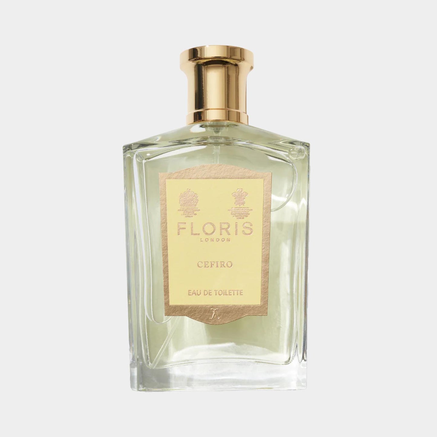A bottle of Floris London Cefiro Sample, featuring a classic rectangular design with a gold cap and a cream label that highlights the fragrance name and notes, set against a light background.