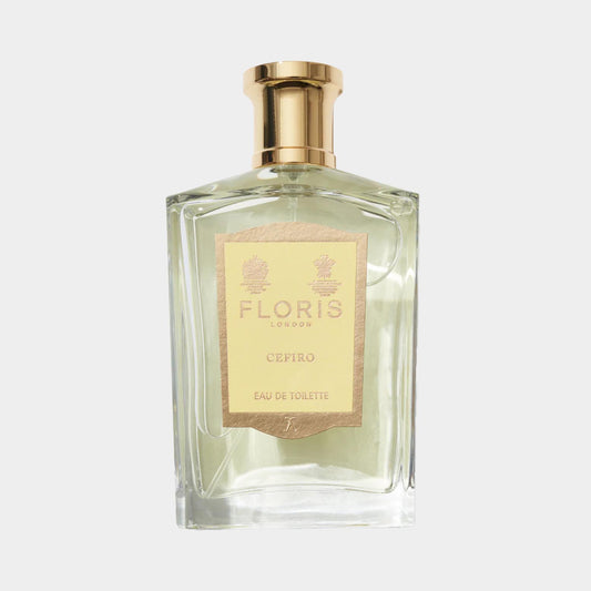 A bottle of Floris London Cefiro Sample, featuring a classic rectangular design with a gold cap and a cream label that highlights the fragrance name and notes, set against a light background.
