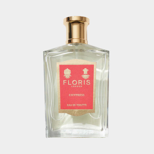 Floris London Chypress Sample, a clear glass bottle of Eau de Toilette featuring a red label and gold cap, exuding elegance and sophistication.