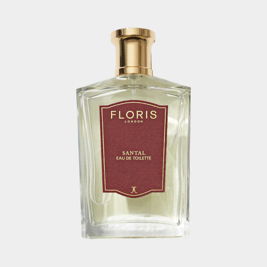 Floris London Santal Sample, an elegant eau de toilette in a glass bottle with a gold cap and a rich burgundy label.