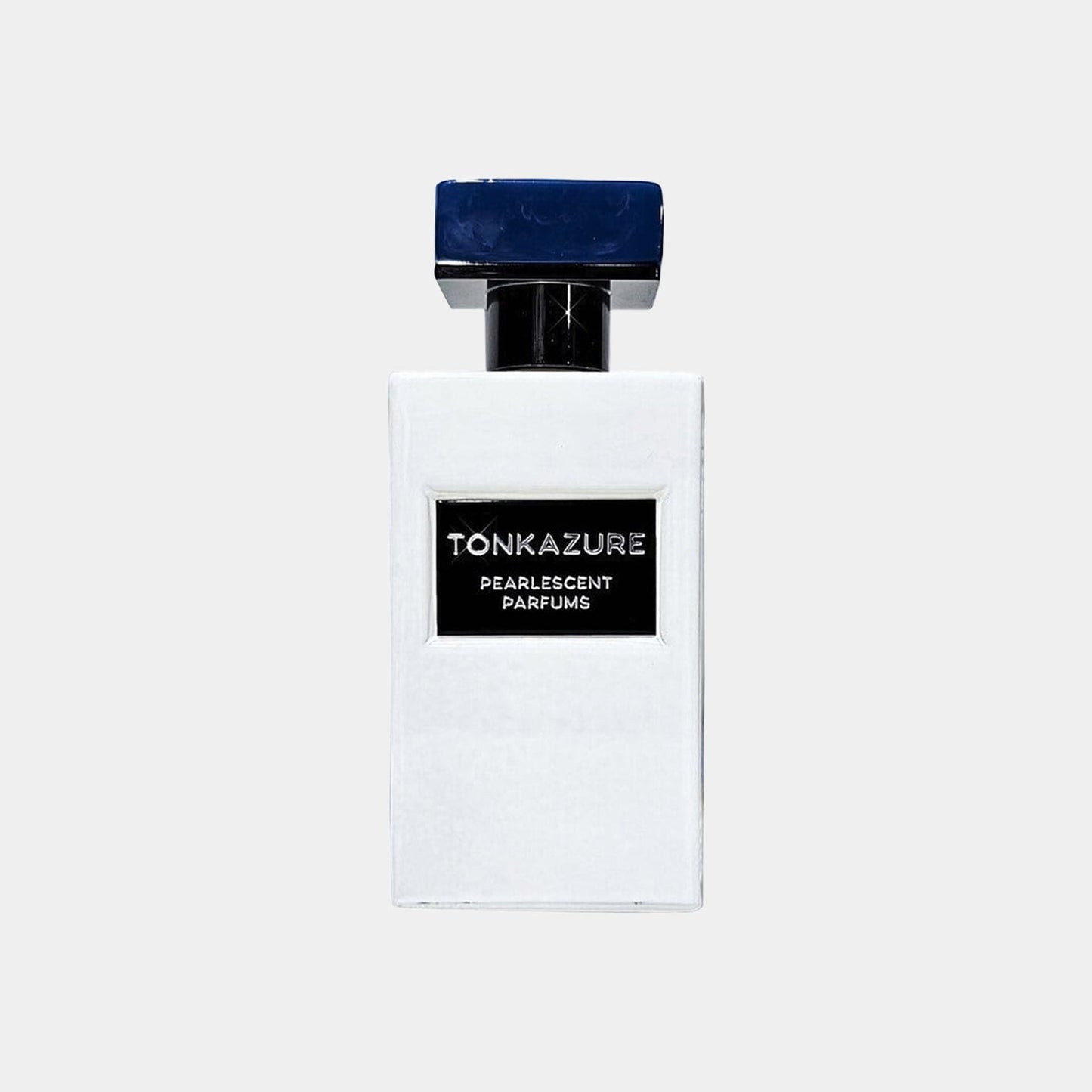 Gallagher Fragrances Tonkazure sample, featuring a sleek white bottle with a dark blue cap and a minimalist label that reads 'TONKAZURE PEARLESCENT PARFUMS.'
