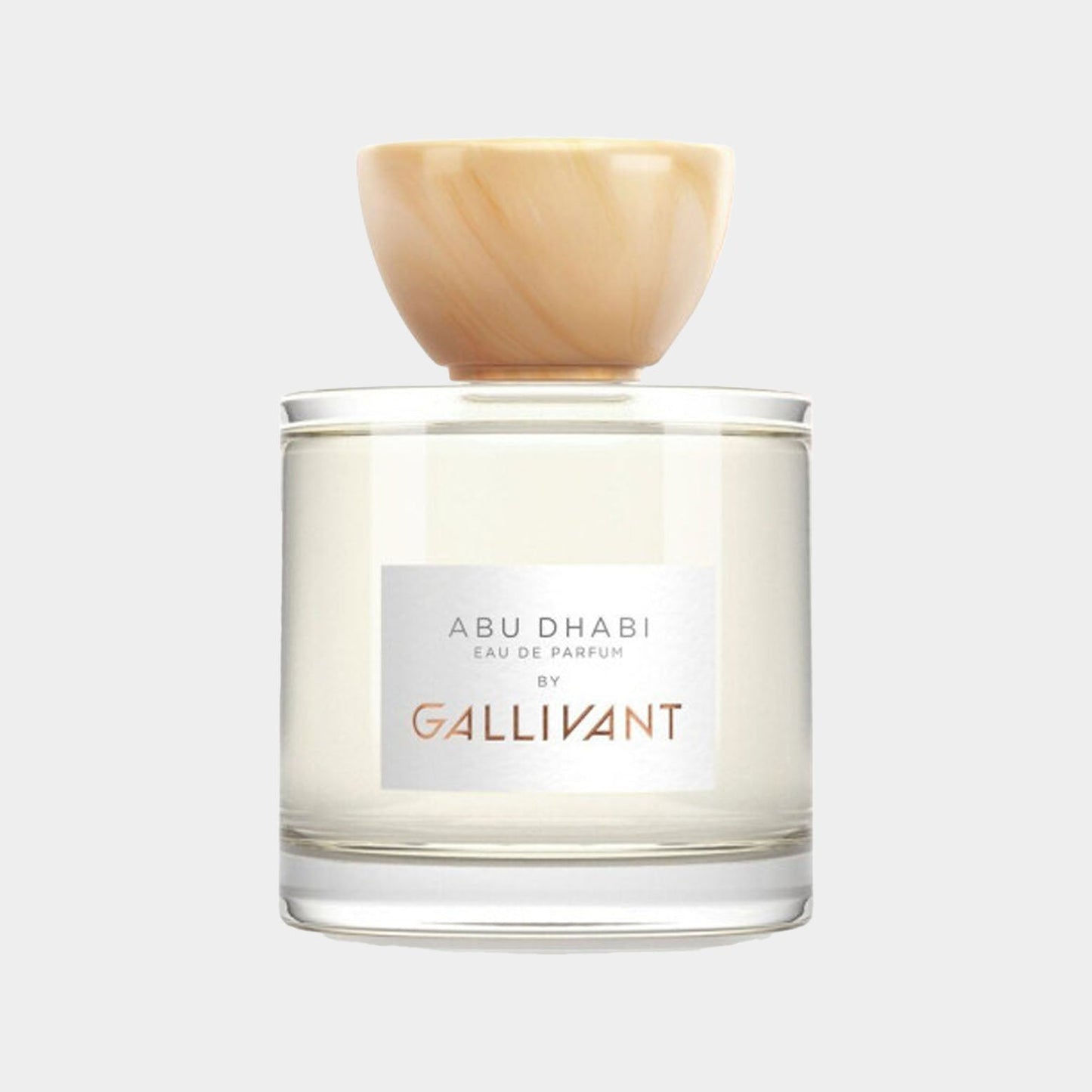 Gallivant Abu Dhabi Sample is a clear glass perfume bottle with a wooden cap, featuring a minimalist design and a label that reads 'Abu Dhabi Eau de Parfum by Gallivant'.