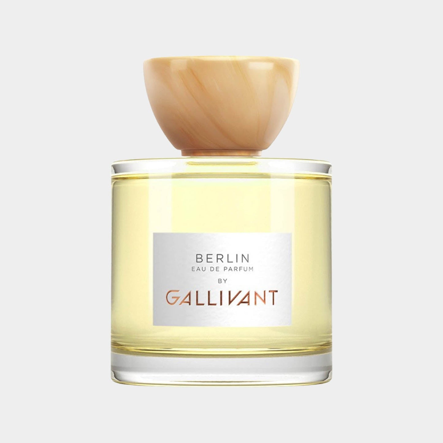 A full bottle of Gallivant Berlin Eau de Parfum, featuring a clear glass container with a light yellow liquid and a stylish, rounded wooden cap. The label prominently displays Berlin and by Gallivant.