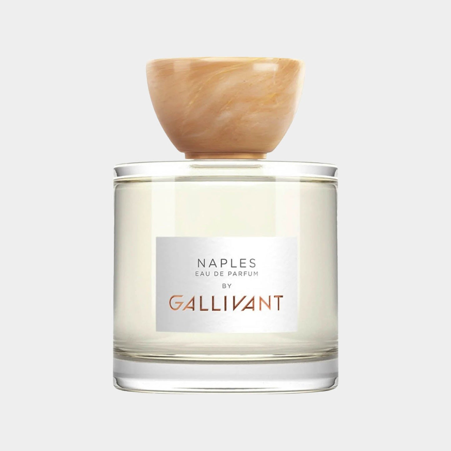 A full bottle of Gallivant Naples Eau de Parfum, featuring a clear glass design with a round wooden cap, showcasing its elegant and sophisticated appearance.