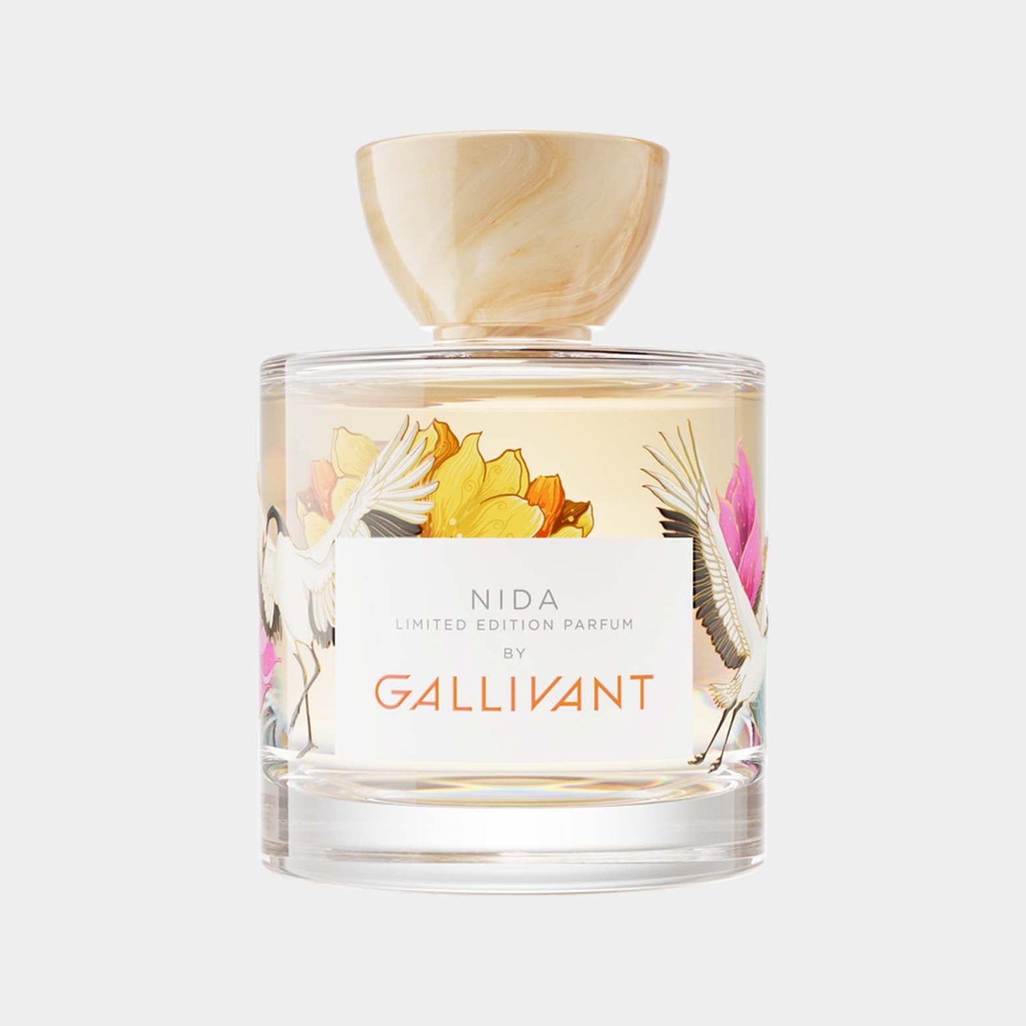 Gallivant Nida Sample, a limited edition parfum featuring an artistic bottle design adorned with vibrant floral and bird motifs.
