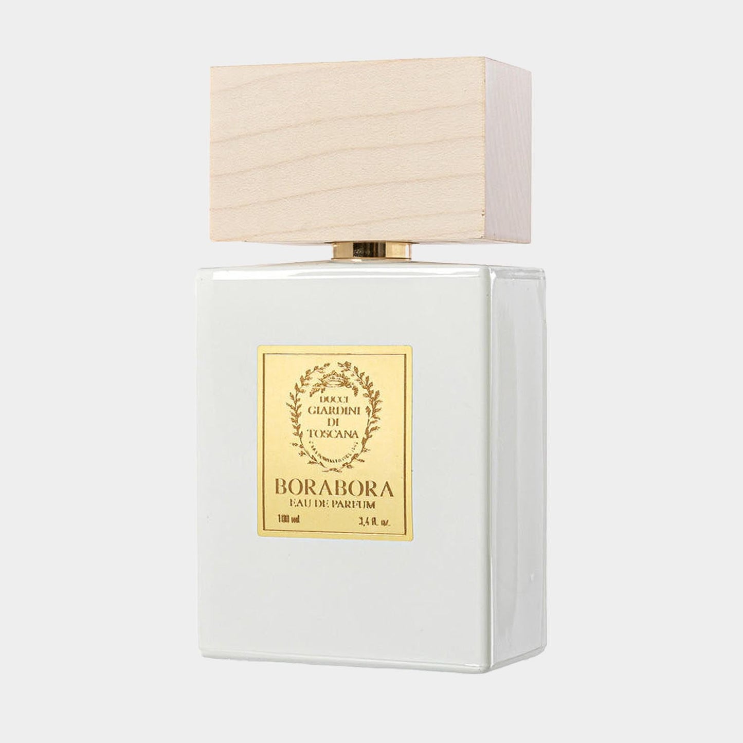 A full bottle of Giardini di Toscana BoraBora fragrance, featuring a sleek rectangular design with a light-colored body and a natural wooden cap, labeled prominently with gold text.