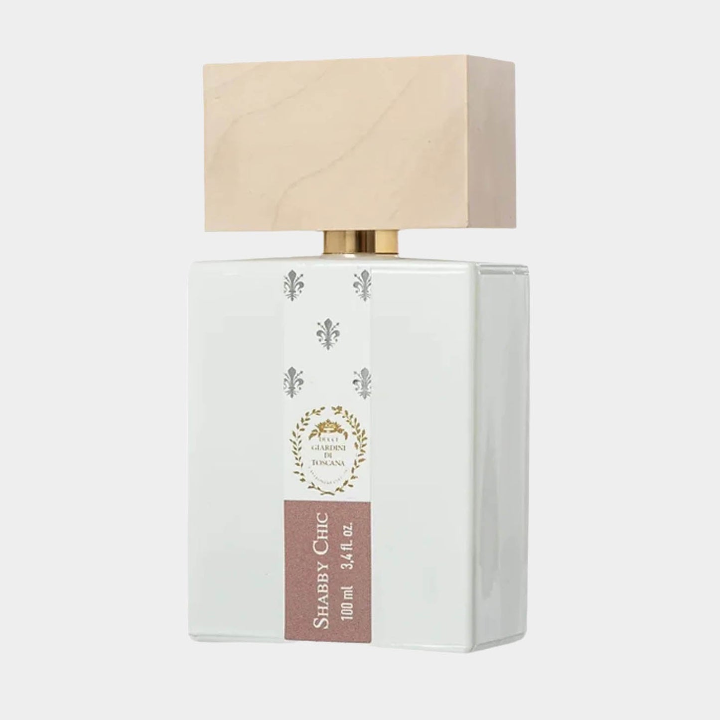 Giardini di Toscana Shabby Chic full bottle, featuring an elegant white rectangular design with a light wood cap, exuding a vintage and sophisticated style.