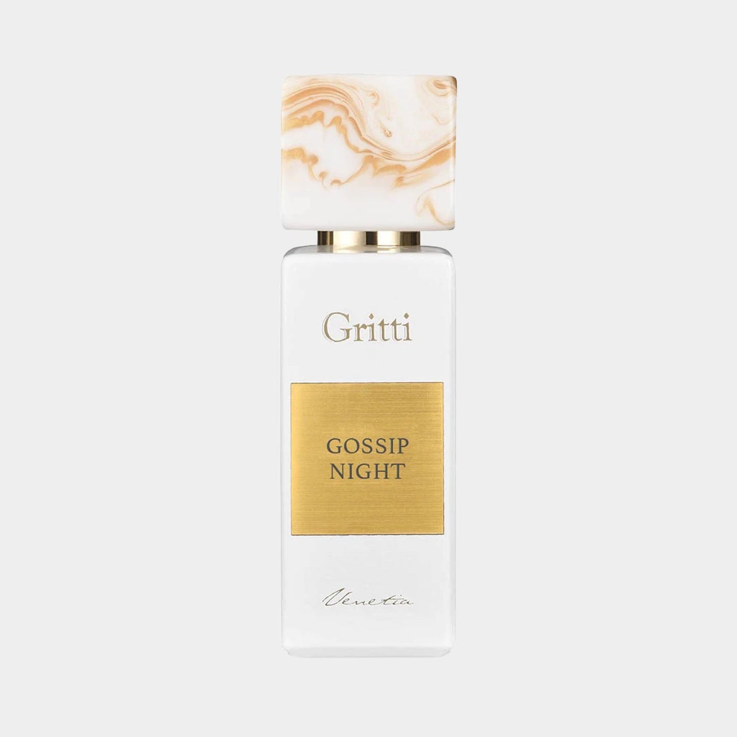 A full bottle of Gritti Gossip Night Eau de Parfum, featuring a sleek white container with a gold label and a decorative marbled top. The elegant design exudes luxury and sophistication.