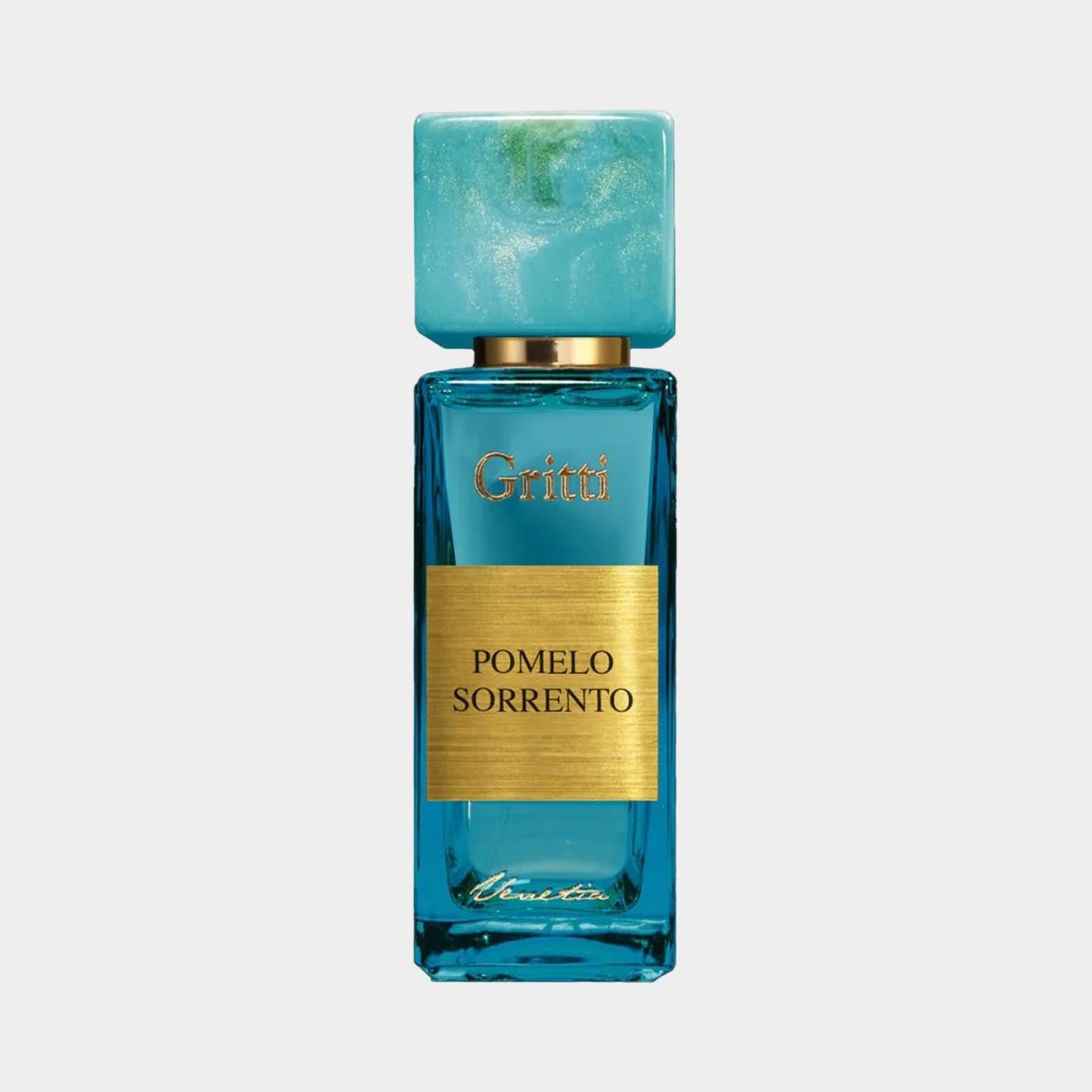 A full bottle of Gritti Pomelo Sorrento EDP featuring an elegant turquoise design and a textured cap. The glass bottle is adorned with a gold label displaying the fragrance name.