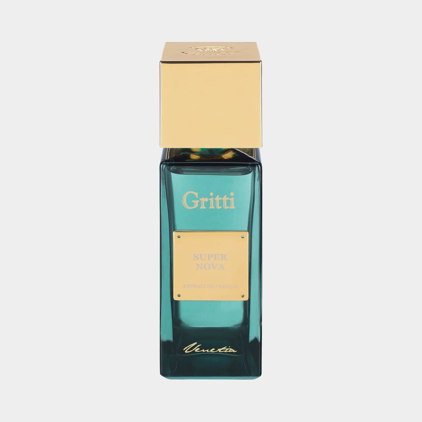 A bottle of Gritti Super Nova EXDP Sample, featuring a sleek turquoise design with a gold square label and cap, showcasing an elegant and luxurious fragrance.